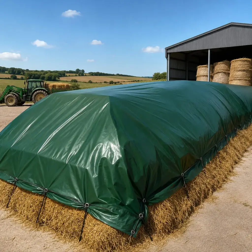 Bâche agricole verte protégeant des bottes de foin et de l ensilage
