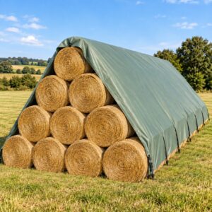 Bâche agricole PVC verte couvrant des bottes de foin rondes
