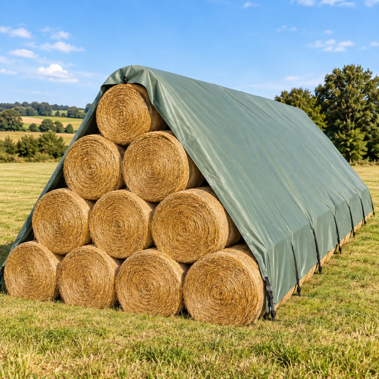 Bâche agricole PVC verte couvrant des bottes de foin rondes