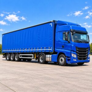 Semi-remorque équipée d'une bâche camion PVC bleue sur mesure