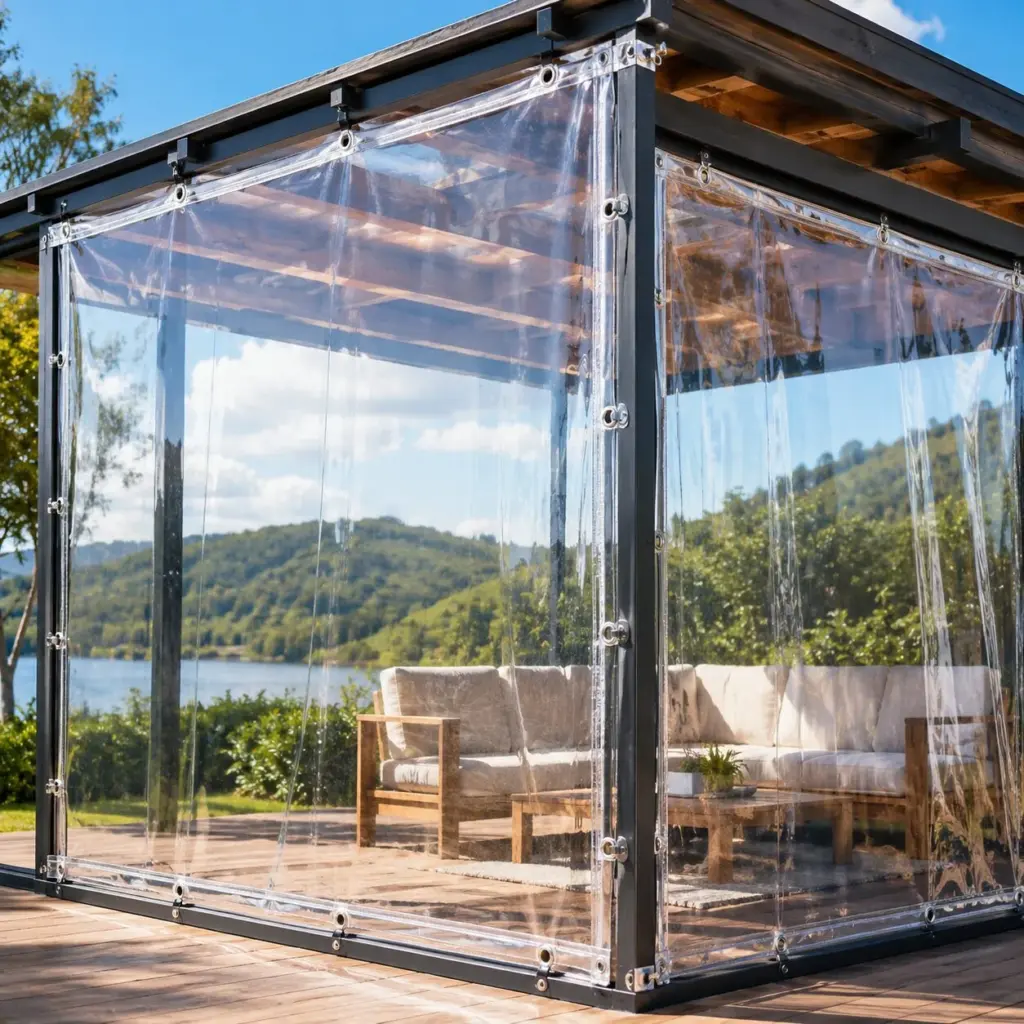 Rideaux de terrasse en bâche PVC cristal transparente sur une pergola