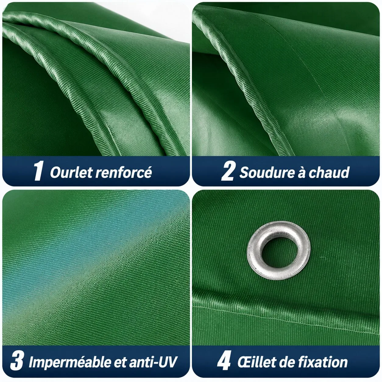 Caractéristiques d'une bâche PVC sur mesure : ourlet renforcé, soudure à chaud, imperméable anti-UV, œillet