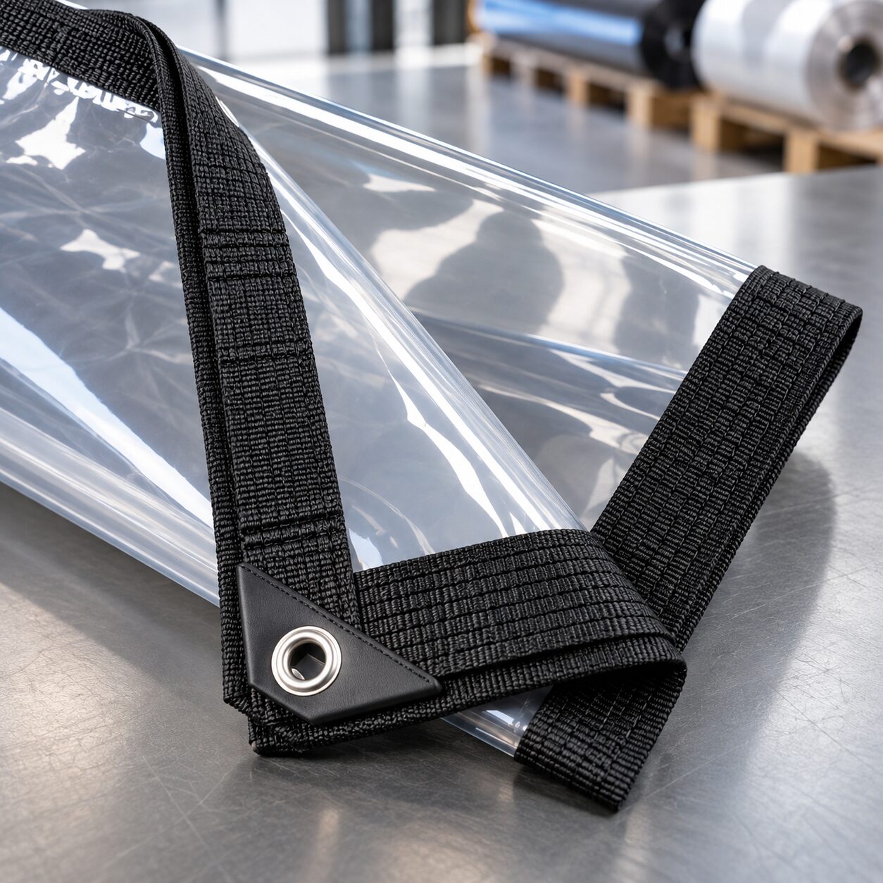 Bordure renforcée et œillet inox d'une bâche transparente cristal sur mesure