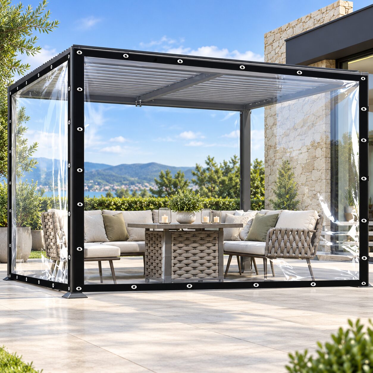 Pergola fermée par des bâches transparentes cristal sur mesure avec œillets