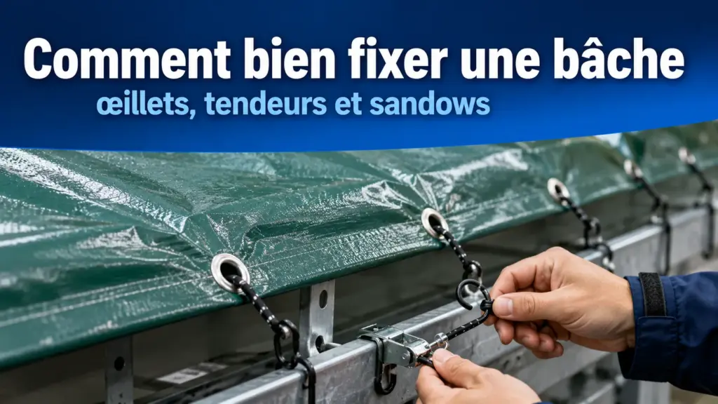 Fixation d'une bâche avec œillets, tendeurs et sandows