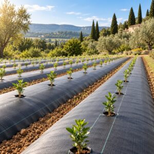 Toile de paillage anti-mauvaises herbes posée entre des rangs de jeunes plants