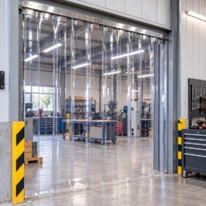 Rideau PVC transparent à lanières sur mesure à l'entrée d'un atelier