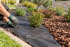 Pose d'une toile de paillage noire avec agrafes dans un massif de jardin