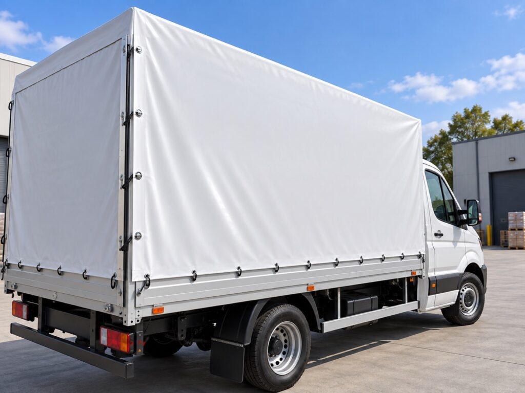Camion plateau à ridelles équipé d'une bâche PVC blanche sur mesure fixée par sandows