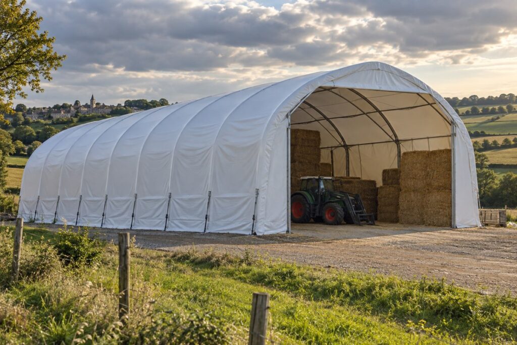 Tunnel de stockage agricole couvert d'une bâche PVC neuve tendue par des sangles