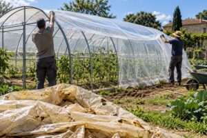 Pose d'une bâche de serre neuve et transparente sur une serre tunnel