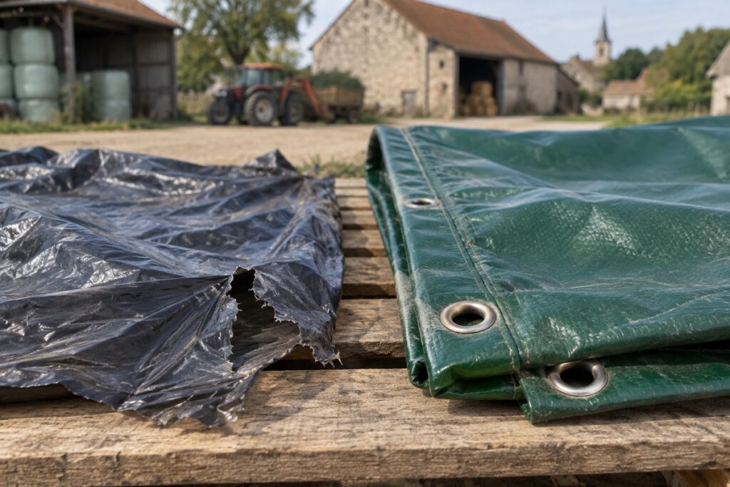 Comparaison entre un film d'ensilage fin et une bâche agricole PVC épaisse