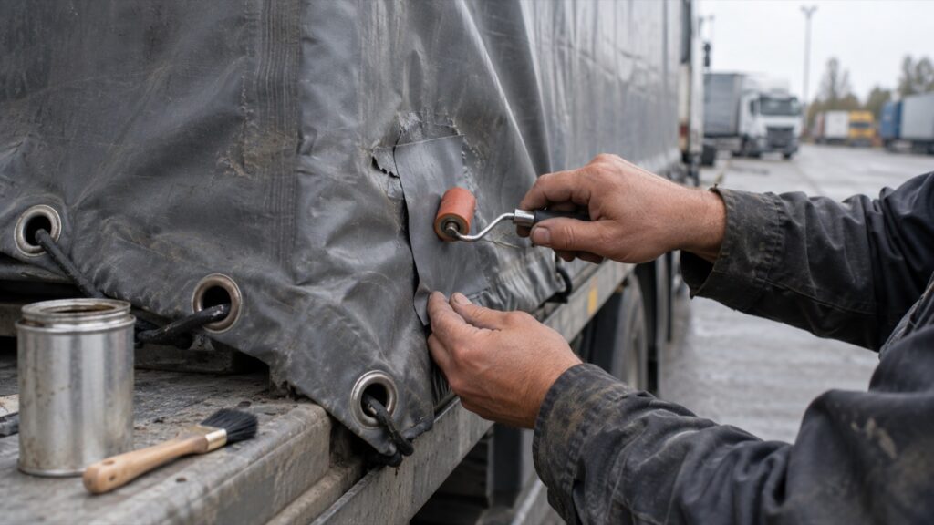 Réparation d'une déchirure sur une bâche de camion en PVC avec une rustine collée et un rouleau maroufleur