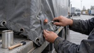 Réparation d'une déchirure sur une bâche de camion en PVC avec une rustine collée et un rouleau maroufleur